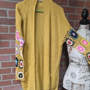 Yellow Crochet Sleeve Women's Sweater